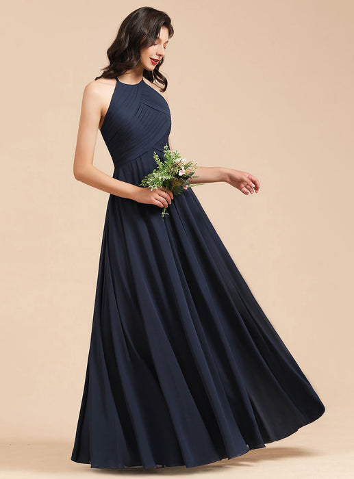 Halter Pleated Chiffon Bridesmaid Dress Aline Floor Length Wedding Guest Dress