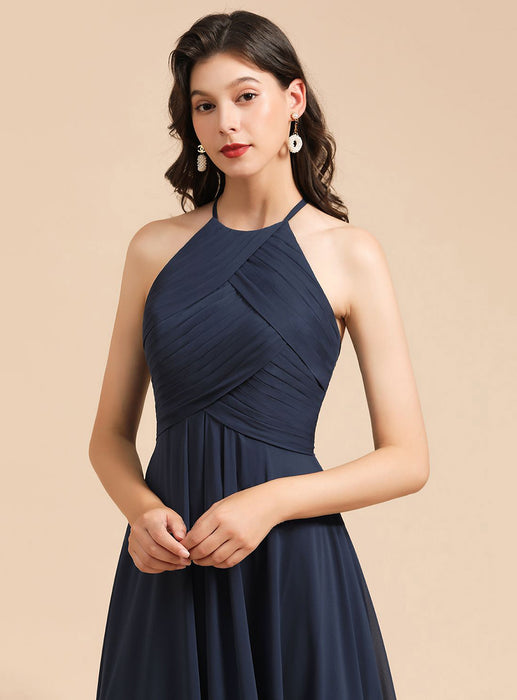 Halter Pleated Chiffon Bridesmaid Dress Aline Floor Length Wedding Guest Dress