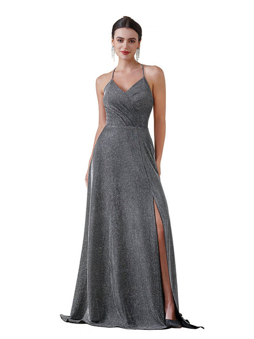 Halter Prom Dress with High Slit Sleeveless Pleated Glitter V-neck Party Dress with Pocket - Prom Dresses