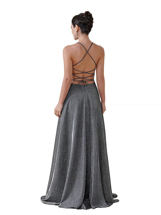 Halter Prom Dress with High Slit Sleeveless Pleated Glitter V-neck Party Dress with Pocket - Prom Dresses