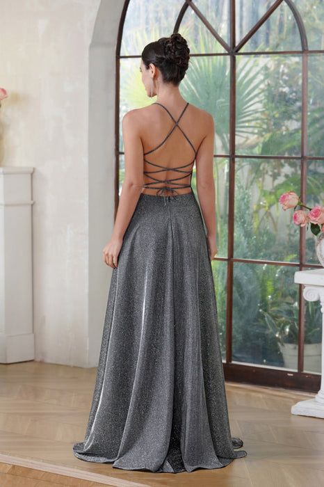 Halter Prom Dress with High Slit Sleeveless Pleated Glitter V-neck Party Dress with Pocket - Prom Dresses