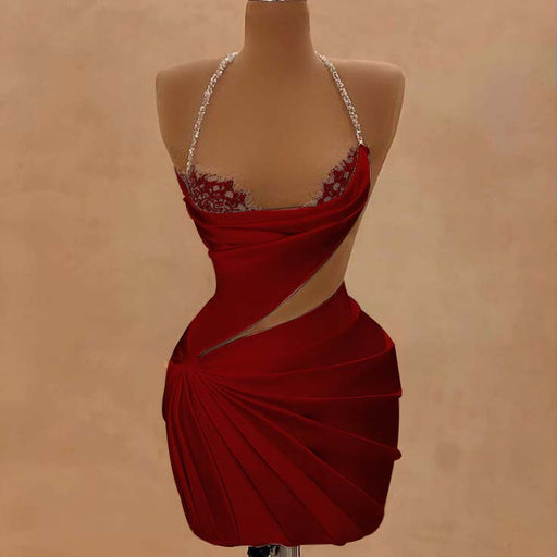 Burgundy Halter Satin Short Homecoming Dress Beadings Sheath Prom Dress with Lace