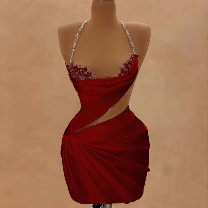 Burgundy Halter Satin Short Homecoming Dress Beadings Sheath Prom Dress with Lace