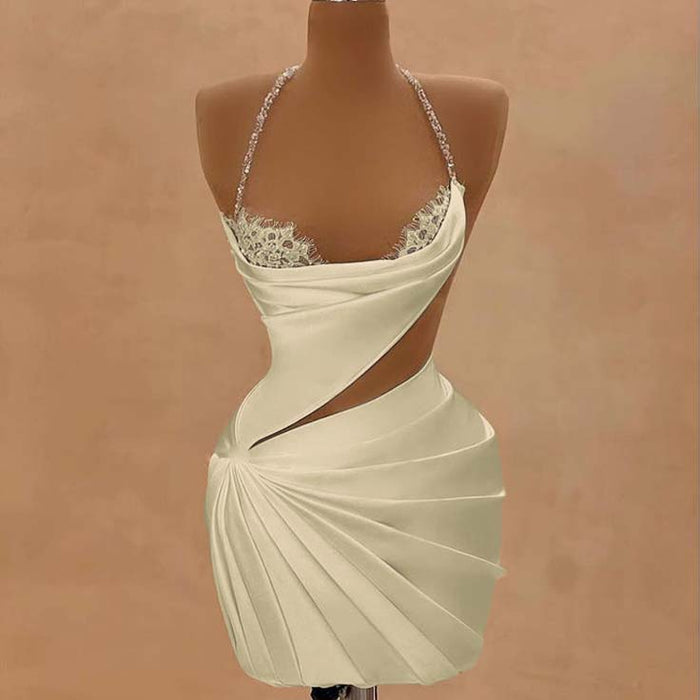 Champagne Halter Satin Short Homecoming Dress Beadings Sheath Prom Dress with Lace
