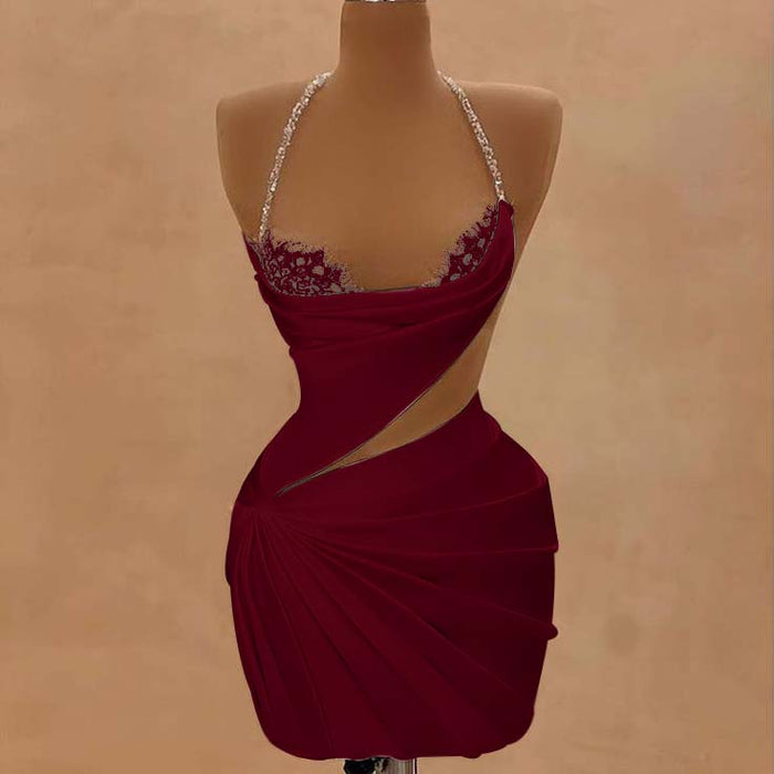 Dark Burgundy Halter Satin Short Homecoming Dress Beadings Sheath Prom Dress with Lace