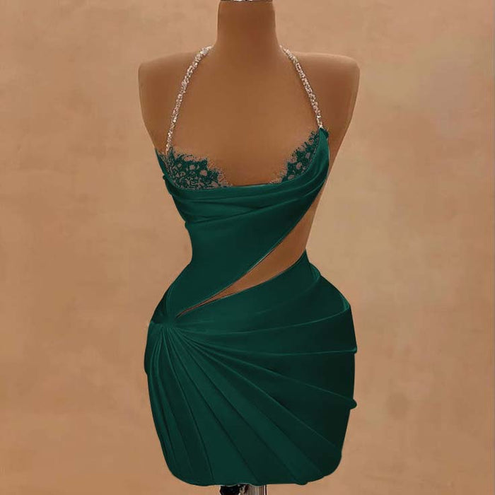 Dark Green Halter Satin Short Homecoming Dress Beadings Sheath Prom Dress with Lace