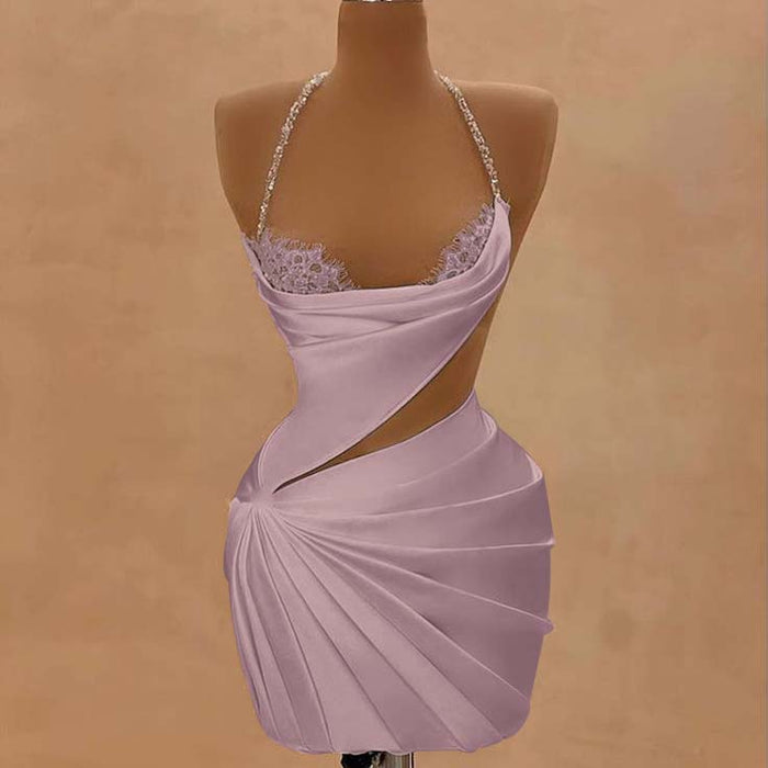 Dusty Pink Halter Satin Short Homecoming Dress Beadings Sheath Prom Dress with Lace