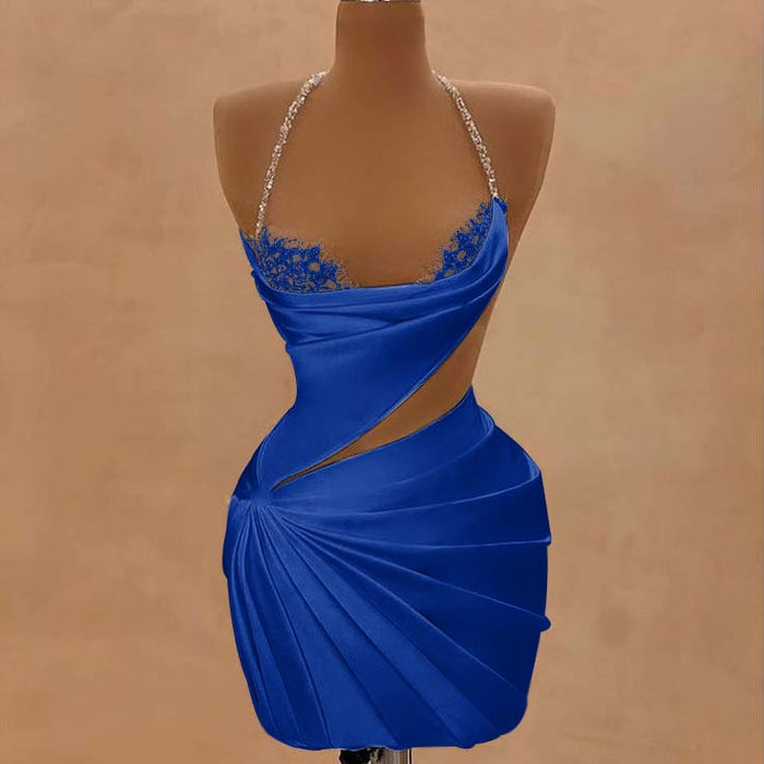 Royal Blue Halter Satin Short Homecoming Dress Beadings Sheath Prom Dress with Lace