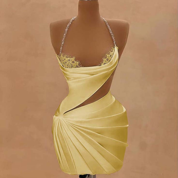 Yellow Halter Satin Short Homecoming Dress Beadings Sheath Prom Dress with Lace