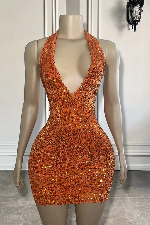 Halter Orange Sequined Homecoming Dress Tight Short Prom Dress