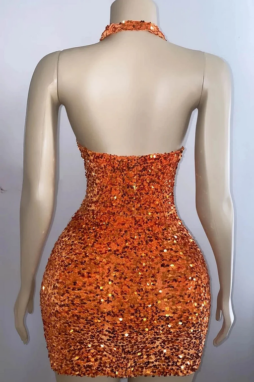 Halter Orange Sequined Homecoming Dress Tight Short Prom Dress