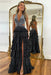 Halter Sequined Aline Prom Dress V-Neck Long Evening Dress with Split