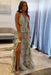 Halter Sequined Aline Prom Dress V-Neck Long Evening Dress with Split