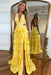 Halter Sequined Aline Prom Dress V-Neck Long Evening Dress with Split