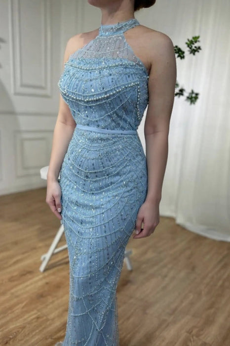 Halter Sky Blue Beadings Mermaid Prom Dress Satin Evening Dress with Sleeves