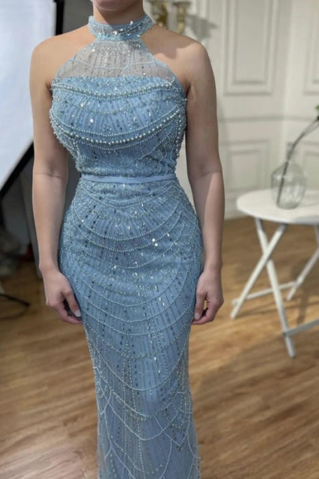 Halter Sky Blue Beadings Mermaid Prom Dress Satin Evening Dress with Sleeves