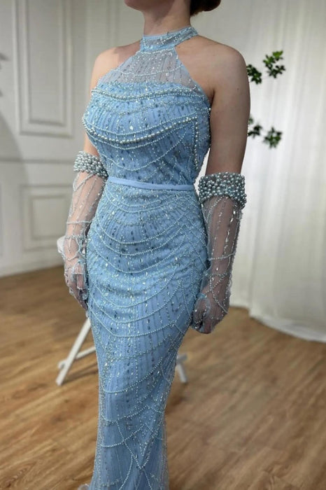 Halter Sky Blue Beadings Mermaid Prom Dress Satin Evening Dress with Sleeves