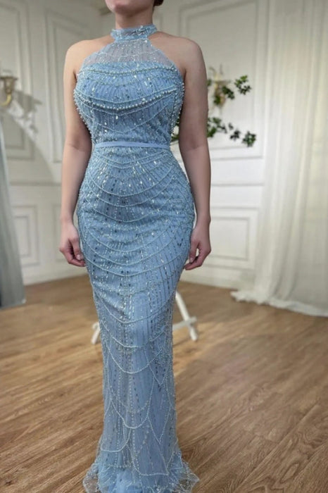 Halter Sky Blue Beadings Mermaid Prom Dress Satin Evening Dress with Sleeves
