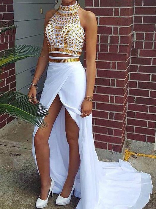 Sheath/Column Halter Sleeveless Sweep/Brush Train Beading Chiffon Dresses - Prom Dresses