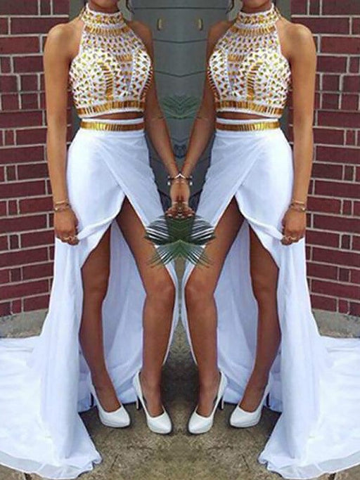 Sheath/Column Halter Sleeveless Sweep/Brush Train Beading Chiffon Dresses - Prom Dresses