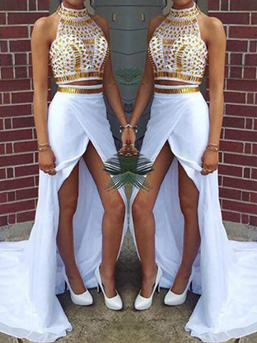 Sheath/Column Halter Sleeveless Sweep/Brush Train Beading Chiffon Dresses - Prom Dresses