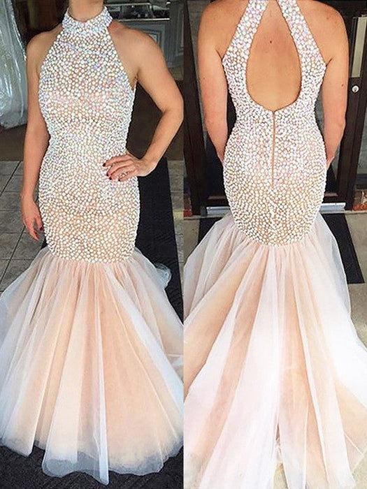 Trumpet/Mermaid Halter Sleeveless Beading Tulle Sweep/Brush Train Dresses - Prom Dresses