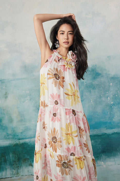 Halter Sleeveless Flowers Print Casual Wear Long Dress Summer Holiday Wear - Dresses