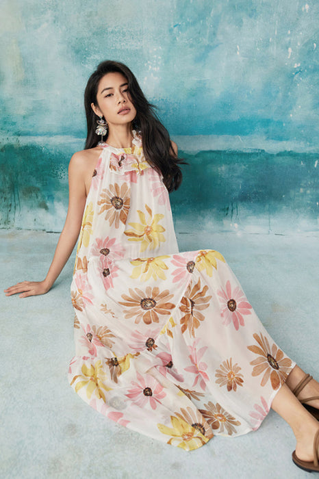 Halter Sleeveless Flowers Print Casual Wear Long Dress Summer Holiday Wear - Dresses