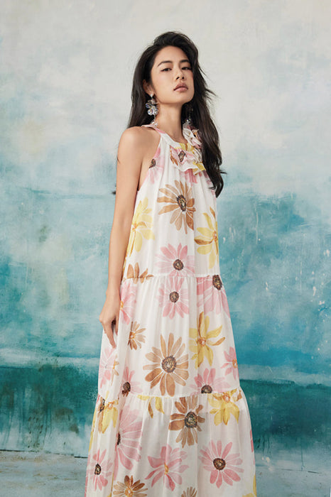 Halter Sleeveless Flowers Print Casual Wear Long Dress Summer Holiday Wear - Dresses