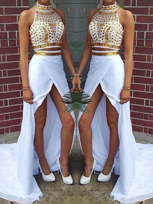 Halter Sleeveless Sweep/Brush Train With Beading Chiffon Dresses - Prom Dresses