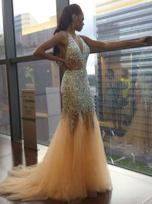 Trumpet/Mermaid Halter Sleeveless Tulle Sequin Court Train Dresses - Prom Dresses