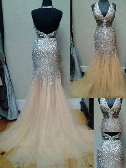 Trumpet/Mermaid Halter Sleeveless Tulle Sequin Court Train Dresses - Prom Dresses