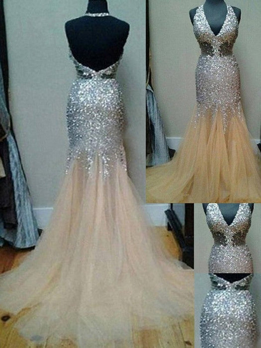 Trumpet/Mermaid Halter Sleeveless Tulle Sequin Court Train Dresses - Prom Dresses