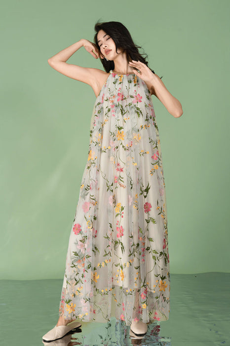 Halter Summer Holiday Casual Wear Maxi Dress with Flowers Print - Dresses