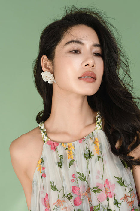 Halter Summer Holiday Casual Wear Maxi Dress with Flowers Print - Dresses