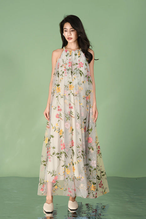 Halter Summer Holiday Casual Wear Maxi Dress with Flowers Print - Floral / S - Dresses