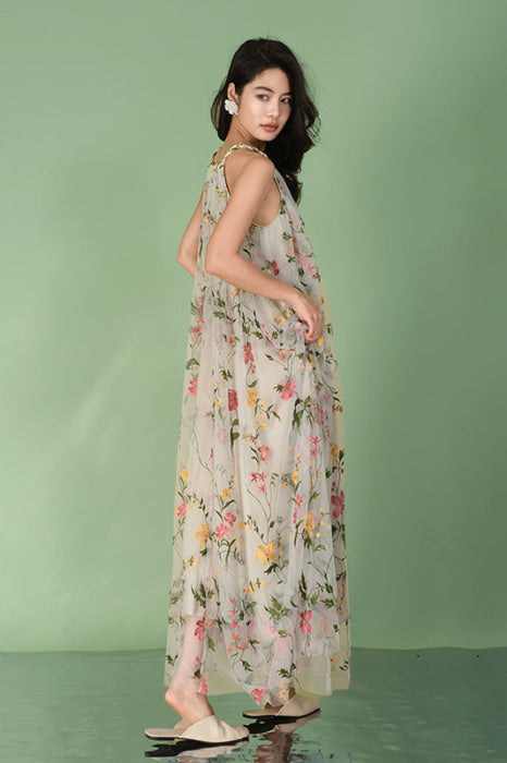 Halter Summer Holiday Casual Wear Maxi Dress with Flowers Print - Dresses