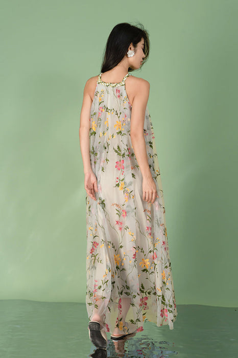 Halter Summer Holiday Casual Wear Maxi Dress with Flowers Print - Dresses
