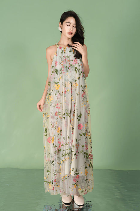 Halter Summer Holiday Casual Wear Maxi Dress with Flowers Print - Dresses