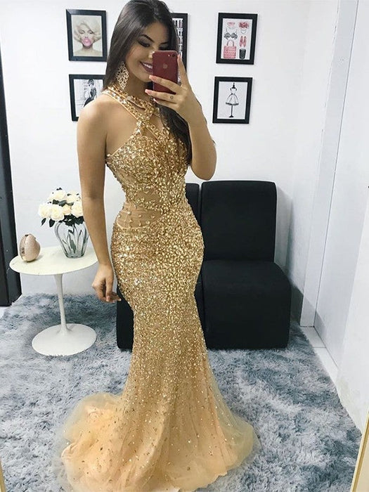 Trumpet/Mermaid Tulle Beading Halter Sleeveless Sweep/Brush Train Dresses - Prom Dresses