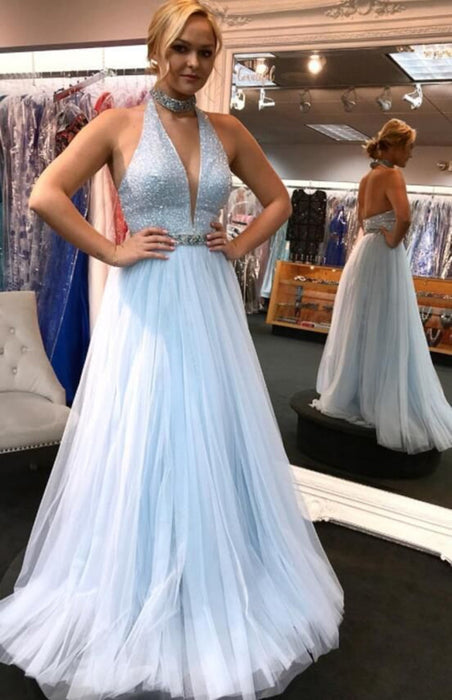 Halter V Neck Backless Sequins Beading Champagne/Blue Prom Dresses, Champagne/Blue Backless Formal Dresses V Neck Evening Dresses
