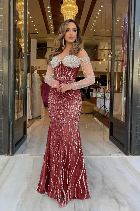 Heavy Sweetheart Mermaid Prom Dress Long Sleeves Strapless with Beadings