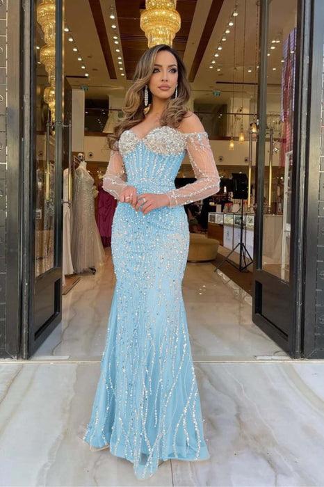 Heavy Sweetheart Mermaid Prom Dress Long Sleeves Strapless with Beadings