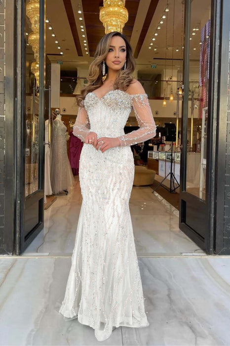 Heavy Sweetheart Mermaid Prom Dress Long Sleeves Strapless with Beadings