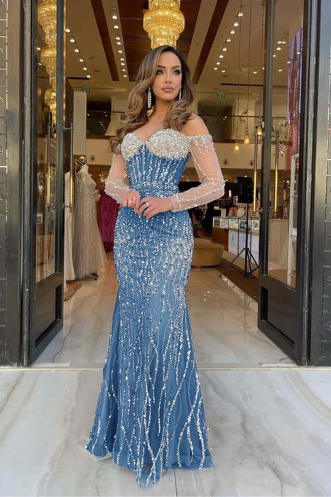 Heavy Sweetheart Mermaid Prom Dress Long Sleeves Strapless with Beadings