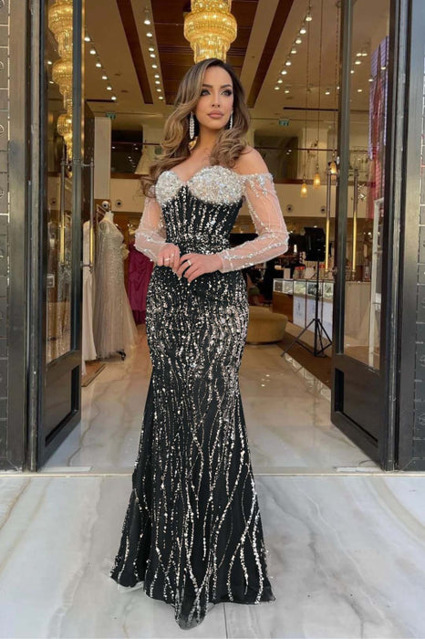 Heavy Sweetheart Mermaid Prom Dress Long Sleeves Strapless with Beadings