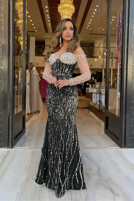 Heavy Sweetheart Mermaid Prom Dress Long Sleeves Strapless with Beadings