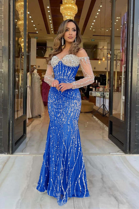 Heavy Sweetheart Mermaid Prom Dress Long Sleeves Strapless with Beadings