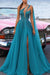 Heavy Tulle Prom Dress Green Sequins with Trail High Slit