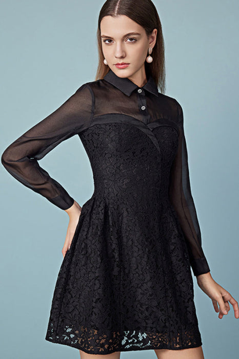 High Collar Black Lace Dress Fit & Flare Long Sleeves Mini Dress - Dresses